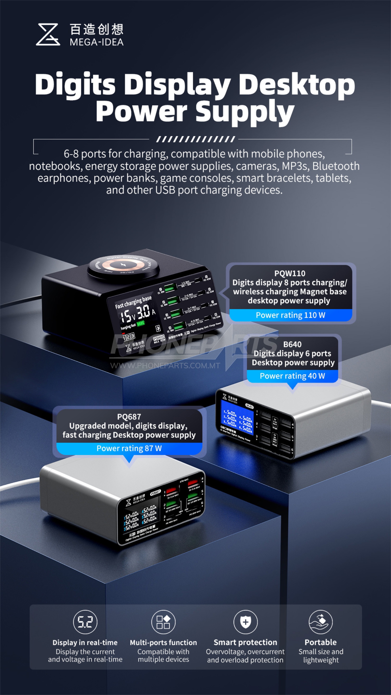 MEGAIDEA DISPLAY DESKTOP POWER CHARGER B640 (40WATTS) Phoneparts