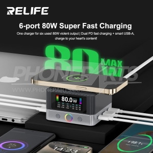 RELIFE Q7 80W 6-Port Fast Charger with Wireless Charging With 1.9" LCD Screen